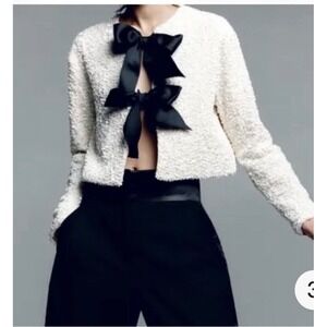 HM White‎ Sequin Cropped Jacket Black Bows Sz XL Cream Party Glam Holiday Chic